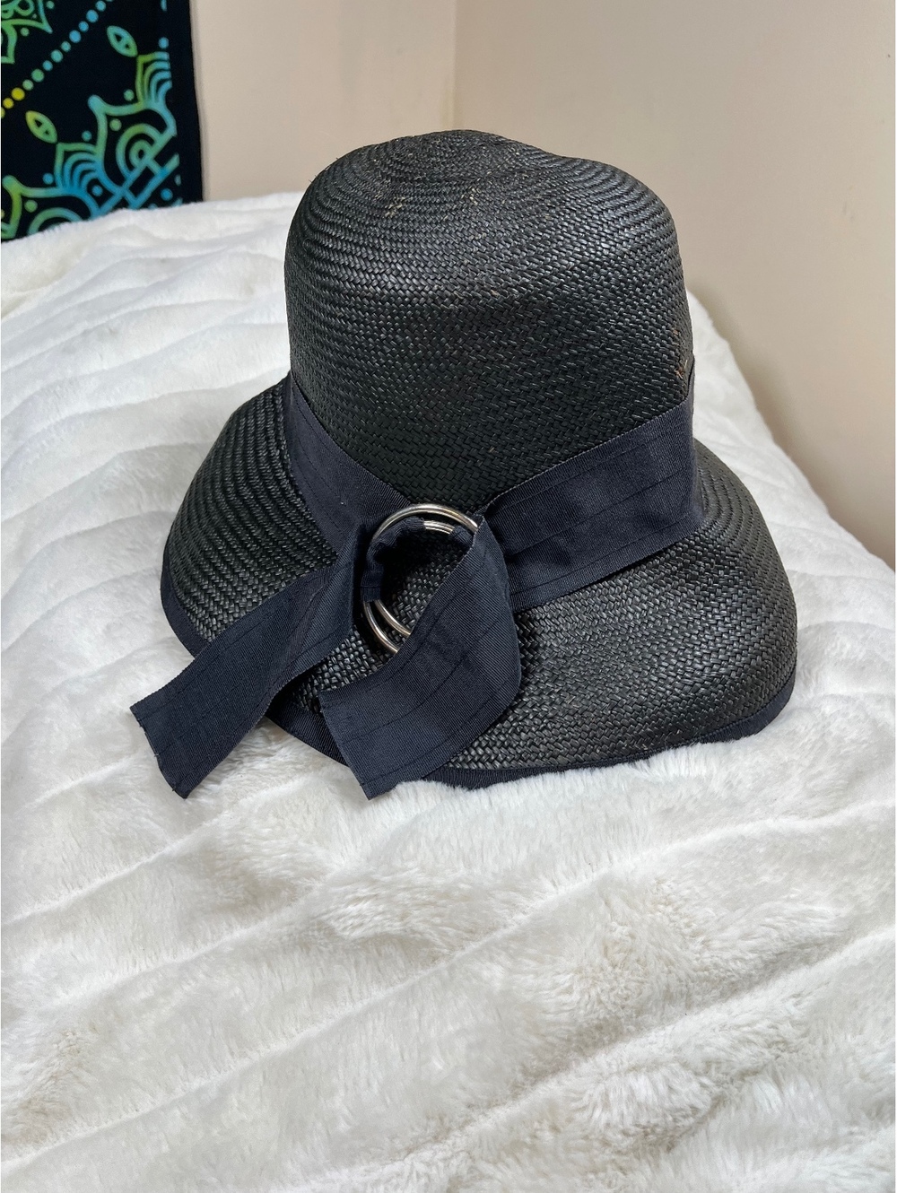 Jennifer Hoertz OS Black Straw Spring Fall Beach Vacation Straw Sun Hat Buckle